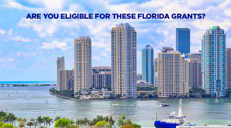 Florida city facade on the water with a caption about Florida grants.